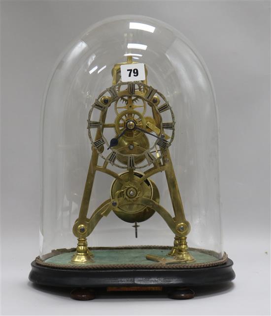 A mid 19th century single fusee brass skeleton timepiece, under a glass dome height 39cm